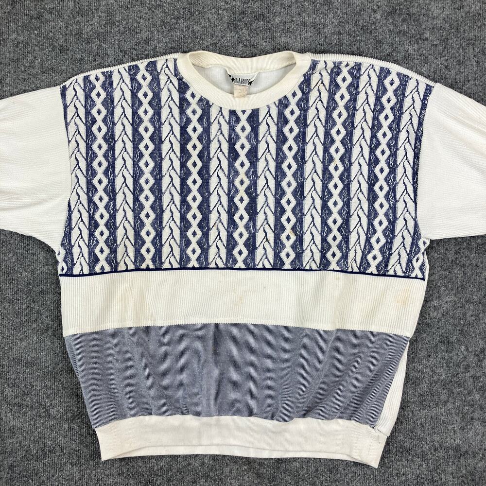 Alabuy Sweater Mens Size 42‎ White Navy Vintage USA Textured Knit Pullover 80s